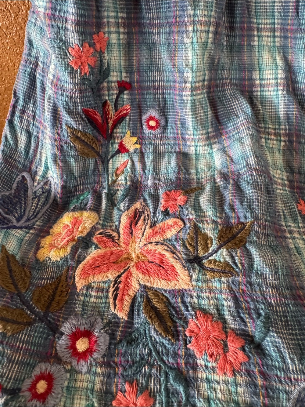 Johnny Was Aimee Blue Plaid Floral Embroidered Short Puff Sleeve Peasant Top S - Picture 8 of 12